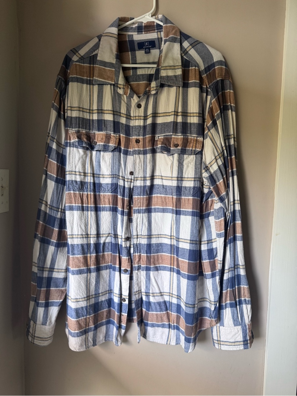 George Men's Plaid Button-Down Shirt - Blue & Brown & Cream